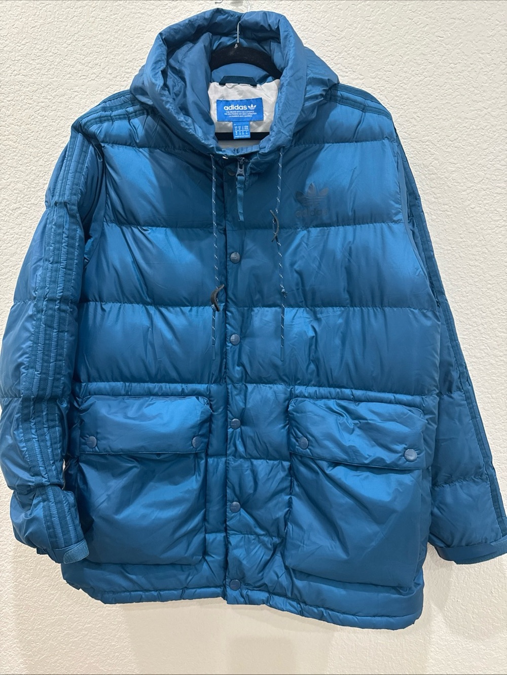 Adidas Originals 2016 Trefoil Hooded Puffer Jacket Men’s Blue Winter Coat Medium